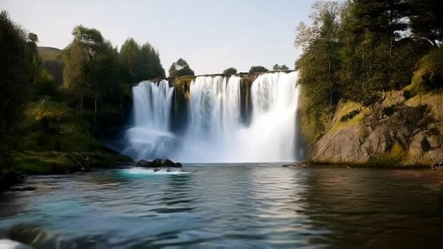Waterfall flowing directly into a wide river 