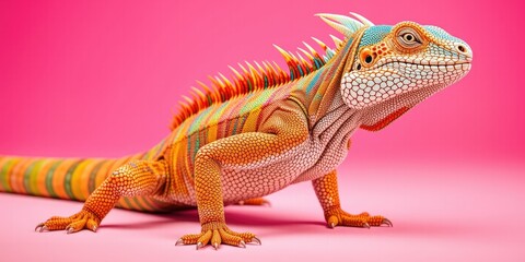 Fototapeta premium Iguana in Playful Pose, Striking Pink Backdrop, Colorful Scales