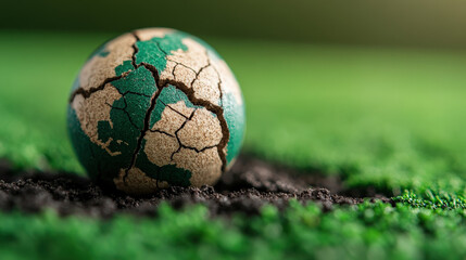 Fototapeta premium Cracked globe rests on patch of soil, symbolizing environmental issues and global challenges. green and brown colors highlight earth fragility and urgent need for sustainable solutions