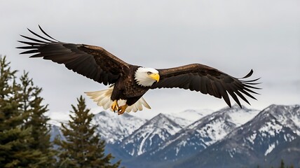 Fototapeta premium Majestic Bald Eagle in Flight Over Snowy Mountains