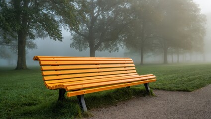 Yellow bench in a foggy park landscape with trees and green grass