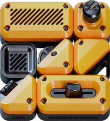 3D Rendered Letter made of Abstract Gadgets with Analog Knobs, Bolts, and Faders