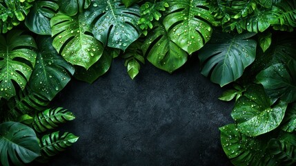 Lush Tropical Foliage Frame with Fresh Raindrops on Dark Background