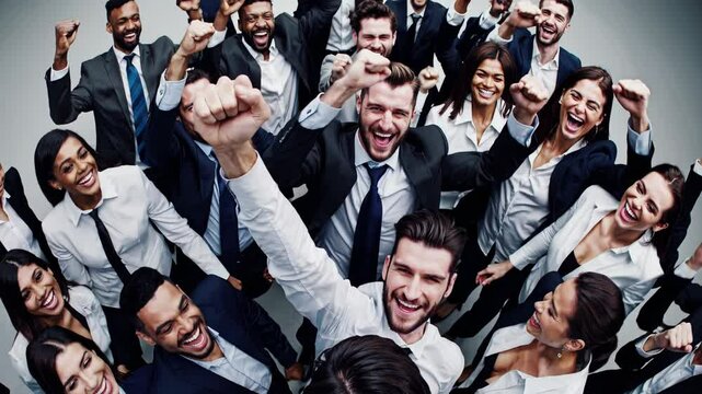 Montage of diverse businesspeople raising their arms in a unified celebration of success, expressing joy and teamwork against a white backdrop