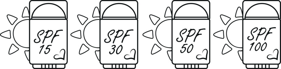 Icons of a sunscreen stick in the shape of a deodorant for sun protection and a sun on the side in line art style, for summer designs