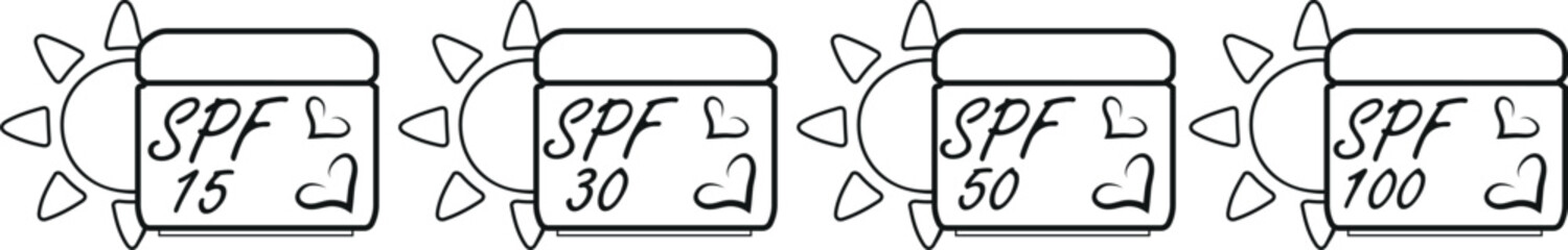 icons of compact rectangular jars with sunscreen and a sun on the side in line art style, for summer designs