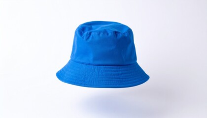 A floating blue bucket hat on a white background