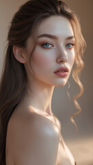 A captivating portrait of a woman with stunning blue eyes and flowing, wavy hair.