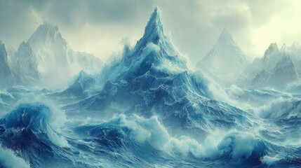 Frozen, wave-like mountain range under a stormy sky