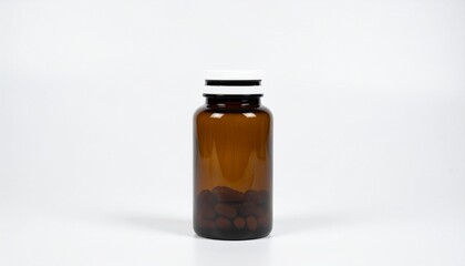 Brown glass bottle with supplement isolated on white background. 