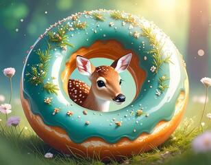 A playful deer peeking through a colorful donut in a sunny, vibrant setting.