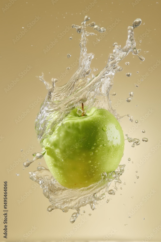 Aufkleber green apple splashes into clear juice creating dynamic freeze frame with droplets. simple solid back
