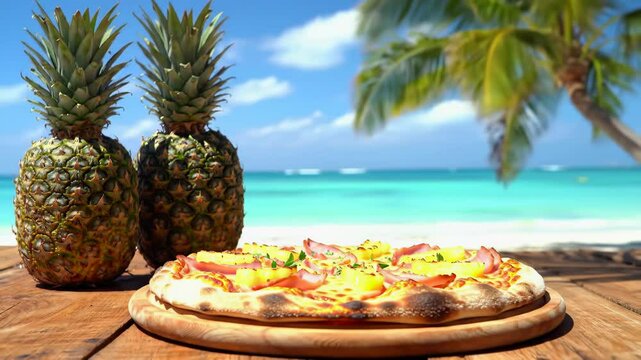 Enjoying tropical delights with pizza and pineapples on a sunny beach paradise in the Caribbean