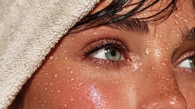Close up of a woman's face glistening with sweat after a workout a towel resting on her forehead