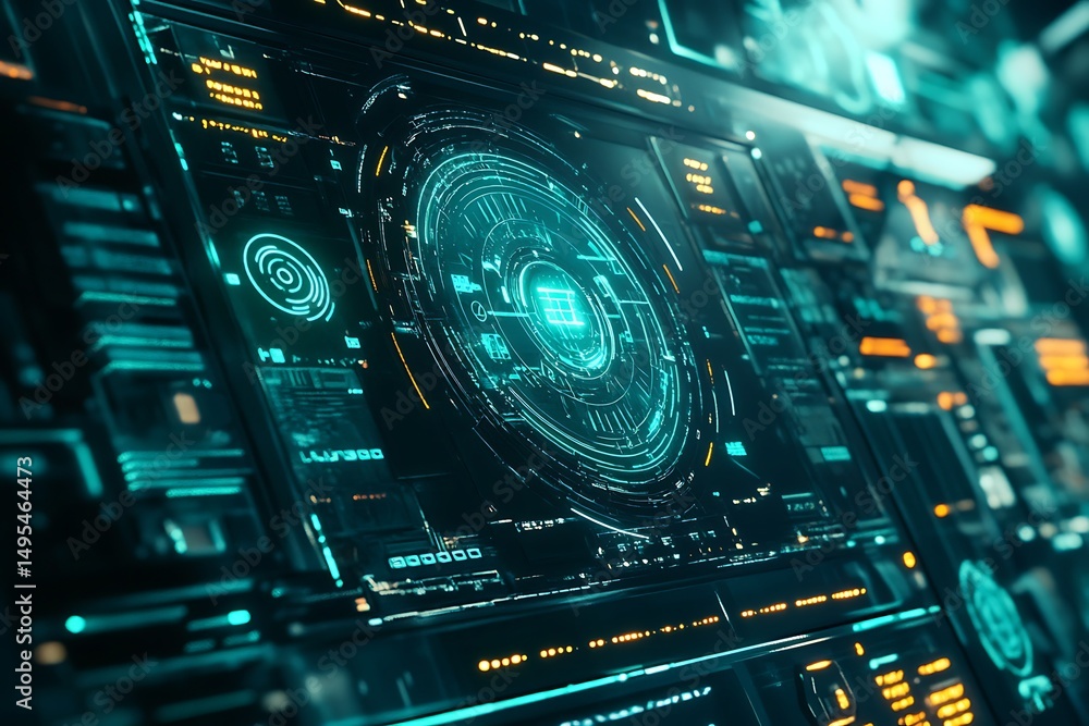 Poster a futuristic control panel with glowing screens and complex circular interface elements displayed cl
