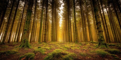 Naklejka premium Serene Sunlight Filtering Through Tall Pine Trees in a Lush Green Forest