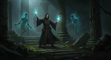 A dark fantasy illustration of a powerful necromancer in hooded robes, conjuring glowing undead spirits amidst ancient ruins and skulls.