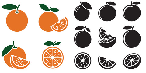 Orange Fruit Line Art Illustrations Set, Coloring Pages, Orange Fruit Icons Set Whole Oranges Slices and Black Silhouettes, Black and White Plum Fruit Icons Set Graphic