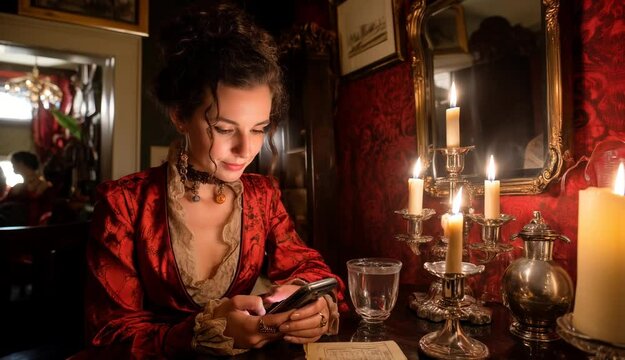 A Victorian woman using a smartphone in a candle-lit parlor.  Generative AI.