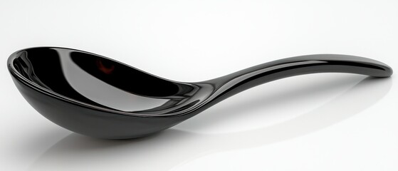 Fototapeta premium Glossy black ceramic spoon lies on bright white surface