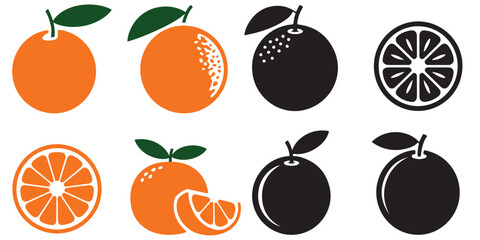 Orange Fruit Line Art Illustrations Set, Coloring Pages, Orange Fruit Icons Set Whole Oranges Slices and Black Silhouettes, Black and White Plum Fruit Icons Set Graphic