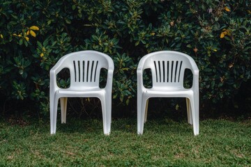 Two white plastic chairs in a garden (1)