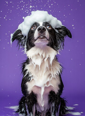 Black and white border collie dog is covered in shampoo foam against purple background, looking playful