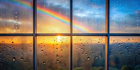 A panoramic view of a vibrant sunset and a rainbow seen through a rain-covered windowpane, showcasing the beauty of nature's spectacle