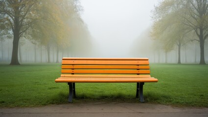 Fototapeta premium Orange bench in a foggy park with trees in the background