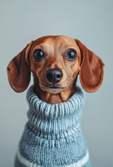 Dachshund wearing cozy gray sweater looks curiously at camera