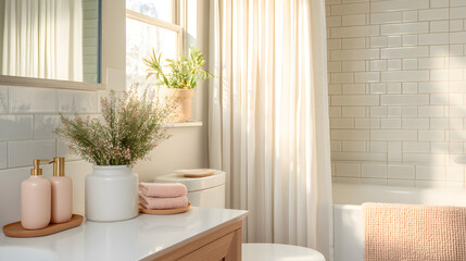 A clean minimalist shower space with white tiles, blush bottles, and soft shadows from a small side window, captured frontally with clarity 33722460 2