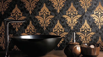 Dark, opulent wallpaper design in a modern bathroom.