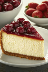 Slice of New York style cheesecake topped with cherries on white plate, with strawberries in background