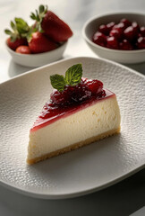 Slice of creamy cheesecake topped with strawberry sauce and mint on white plate