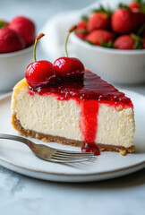 Delicious slice of cheesecake topped with cherries and strawberry sauce on plate