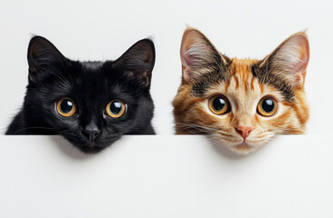 Two adorable cats peeking over white surface, one black and one orange, with curious expressions