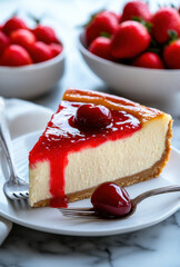 Delicious slice of cheesecake topped with cherry sauce and fresh cherries, surrounded by bowls of strawberries