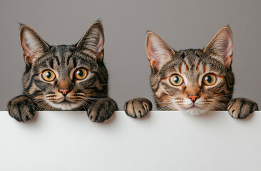 Two cute cats peeking from behind white banner with curious expressions