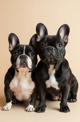 Two French Bulldogs sit on light beige background, looking curious and adorable