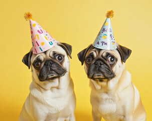 Two pug dogs wearing birthday hats sit on yellow background, looking adorable