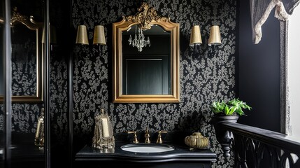 Dark, opulent bathroom with gold accents and ornate details.