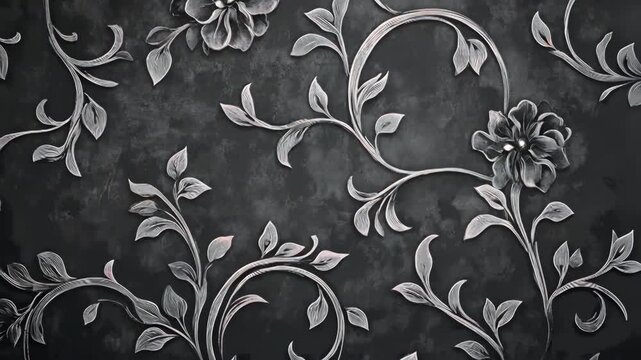 ornate silver floral design with black background