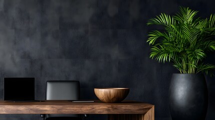 Modern Dark Office Workspace with Laptop Wooden Bowl and Tropical Plant A stylish and minimalist home office scene