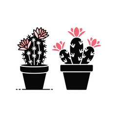 Two Potted Cacti Featuring Pink Flowers and Black Silhouette Designs on a White Background