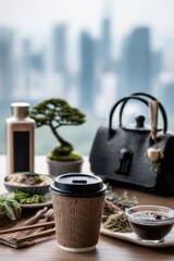 Coffee experience amidst urban landscape coffee shop aesthetic still life modern environment close-up perspective