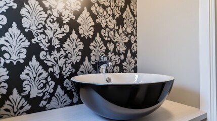 Stylish black and gray patterned wallpaper bathroom sink.