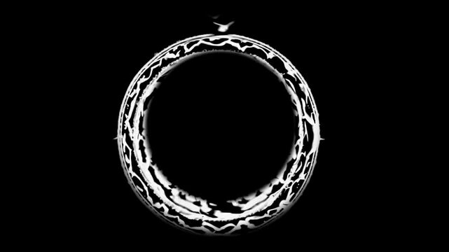 Abstract white circle round frame Portal with glowing white energy lines and lightning isolated on black background, transparent chroma key alpha matte overlay VFX