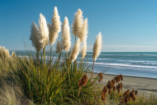 Pampas Grass on a Beach. Pampas grass sways in the breeze on a sunny day, with the ocean and beach in the background. - Powered by Adobe