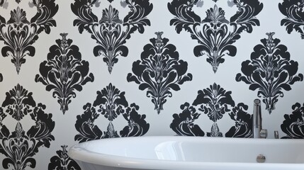 Stylish black and white damask wallpaper on a bathroom wall.