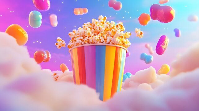Colorful popcorn container filled with kernels amidst candy and clouds.